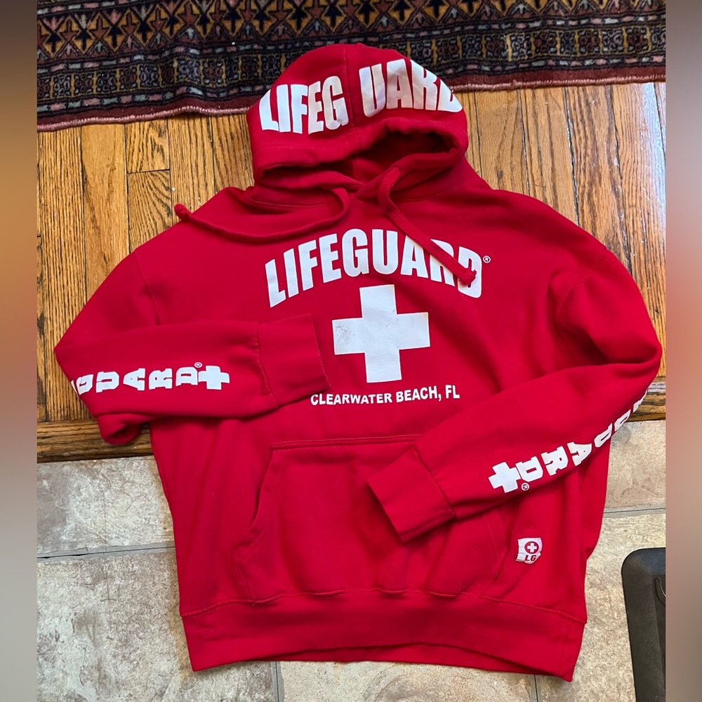 Lifeguard Womens Red Long Sleeve Clearwater Beach FL Pullover Hoodie Size L
